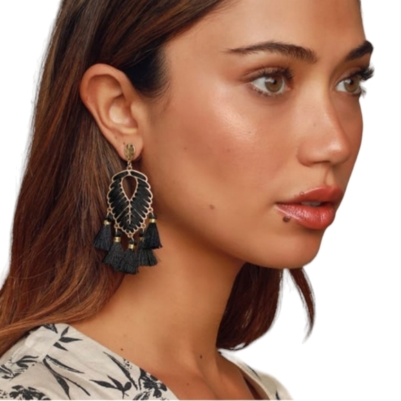 INC Fashion Gold Tone Black Tassel Earrings - Picture 2 of 6